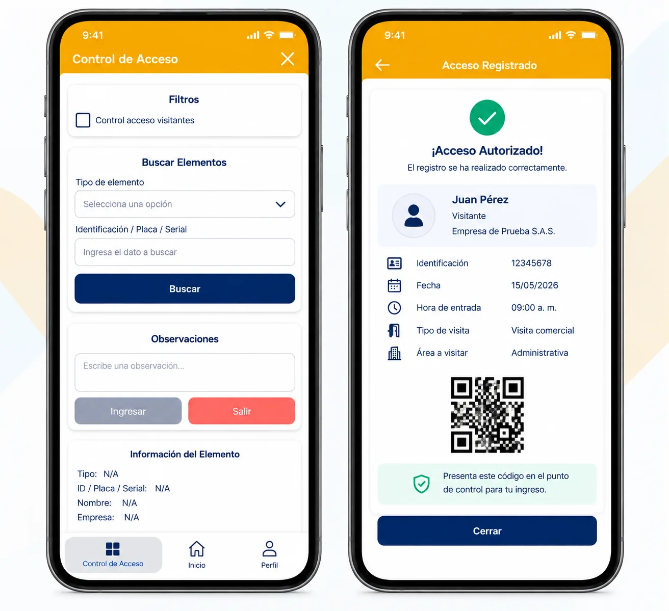 App móvil de NAVA: pantalla de control de acceso con la búsqueda por tipo de elemento e identificación, y pantalla de acceso registrado con los datos del visitante y su código QR
