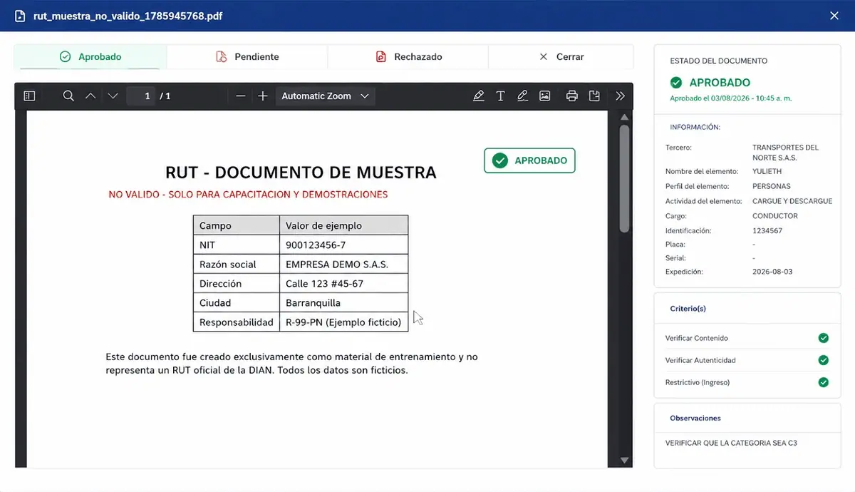 Revisión de un documento en NAVA: el archivo a la izquierda, el estado aprobado, los datos del elemento y los criterios verificados a la derecha