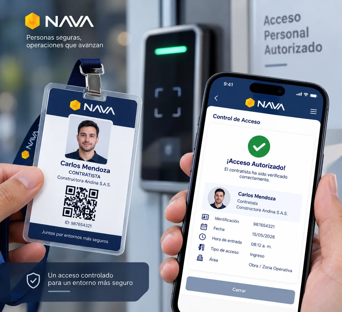 Carnet de contratista de NAVA 360 con código QR, fotografía y datos de identificación del elemento