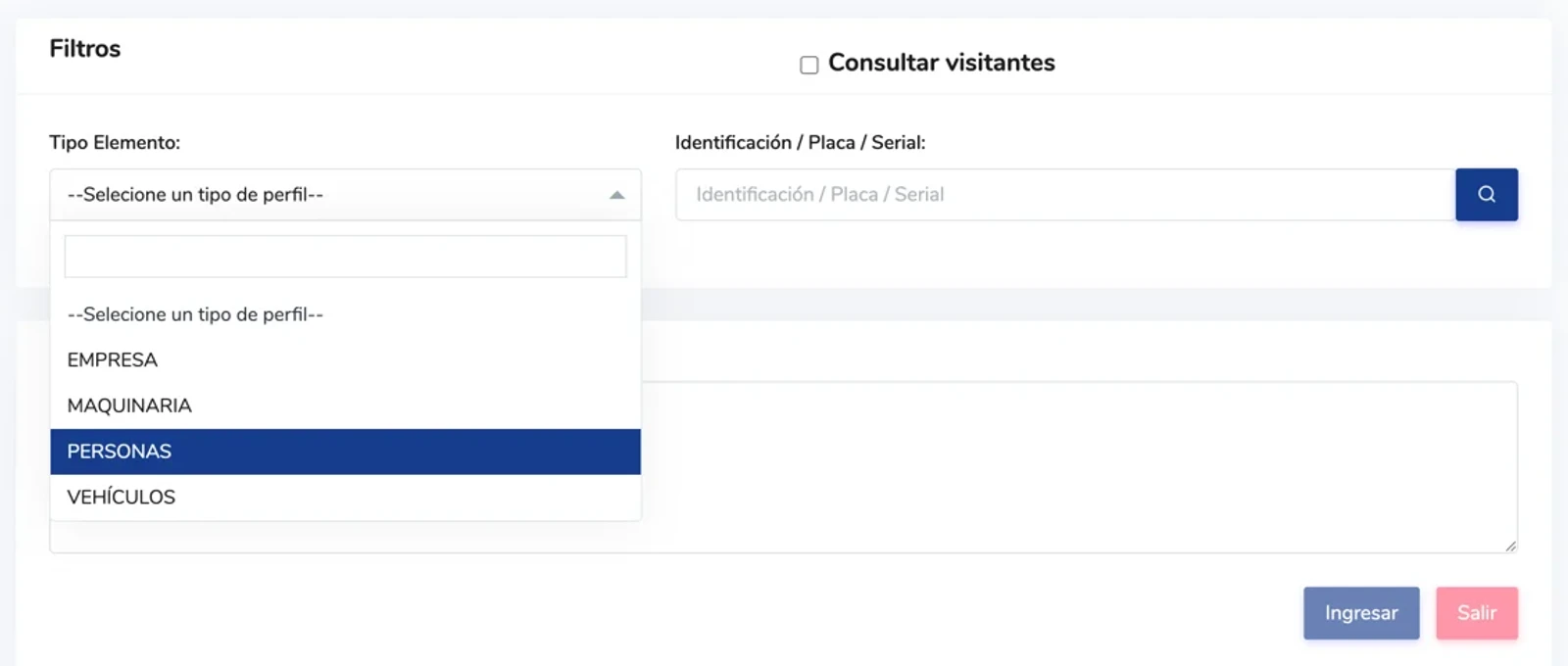 Pantalla de control de acceso de NAVA con la casilla para consultar visitantes y la búsqueda por identificación, placa o serial
