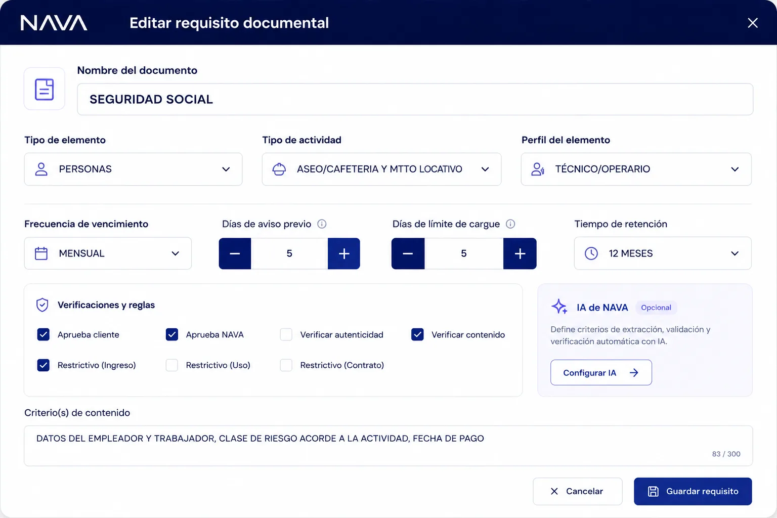 Edición de un requisito documental en NAVA: tipo de elemento, tipo de actividad, perfil, frecuencia de vencimiento, días de aviso previo, verificaciones y criterios de contenido