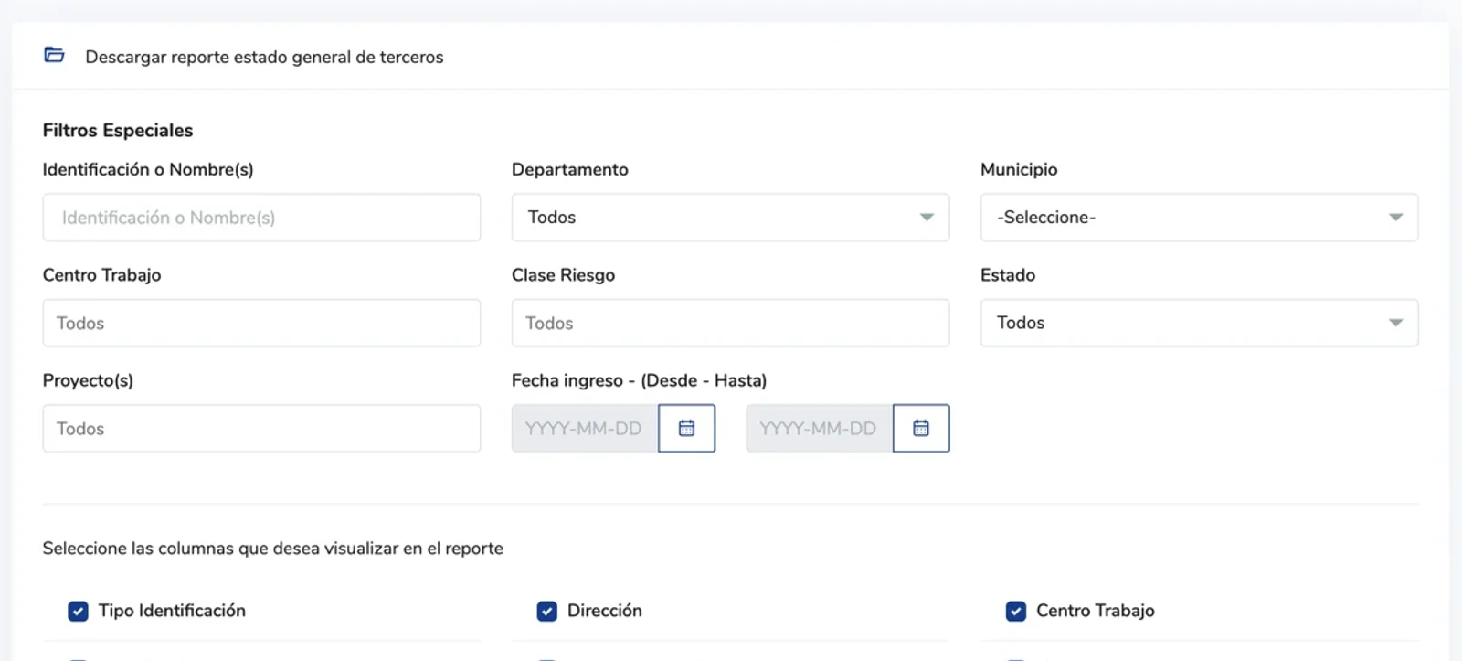 Informe de estado de terceros filtrado por departamento, municipio y centro de trabajo en NAVA, para empresas con varias sedes
