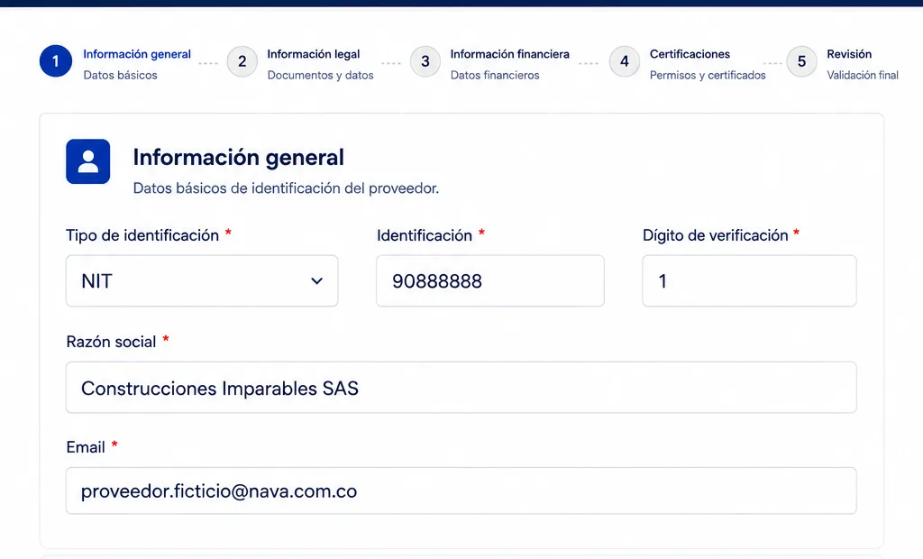 Formulario de registro de proveedor en NAVA, con el asistente de cinco pasos y el bloque de información general diligenciado
