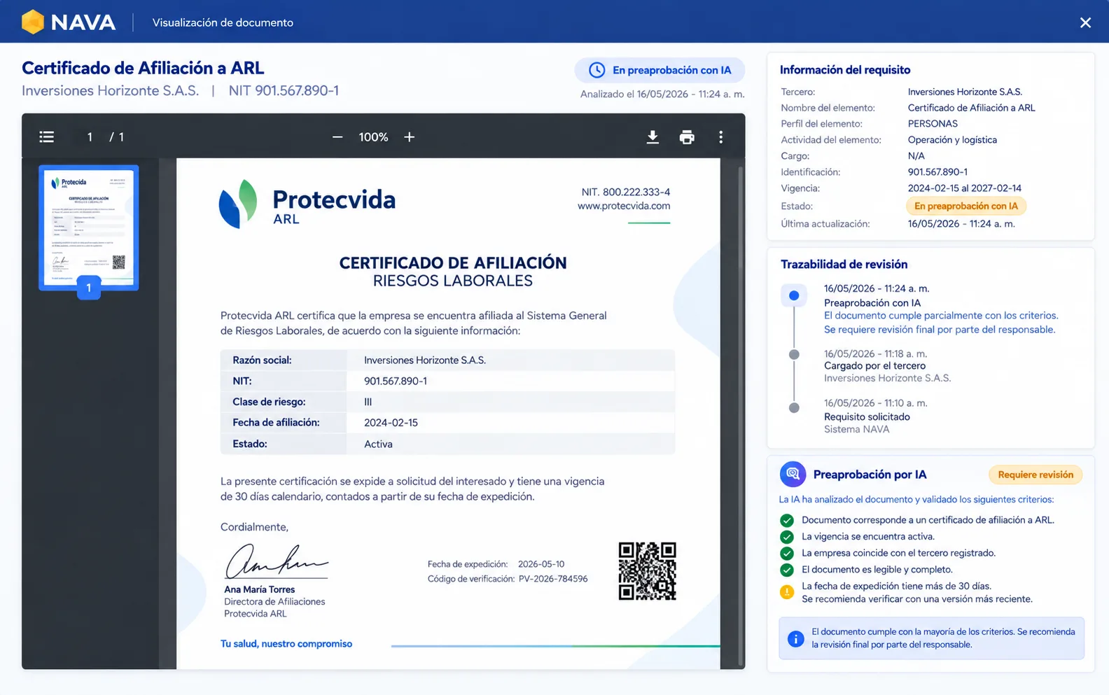 Verificación documental en NAVA 360: el documento cargado junto a su estado, sus fechas y los criterios de revisión aplicados