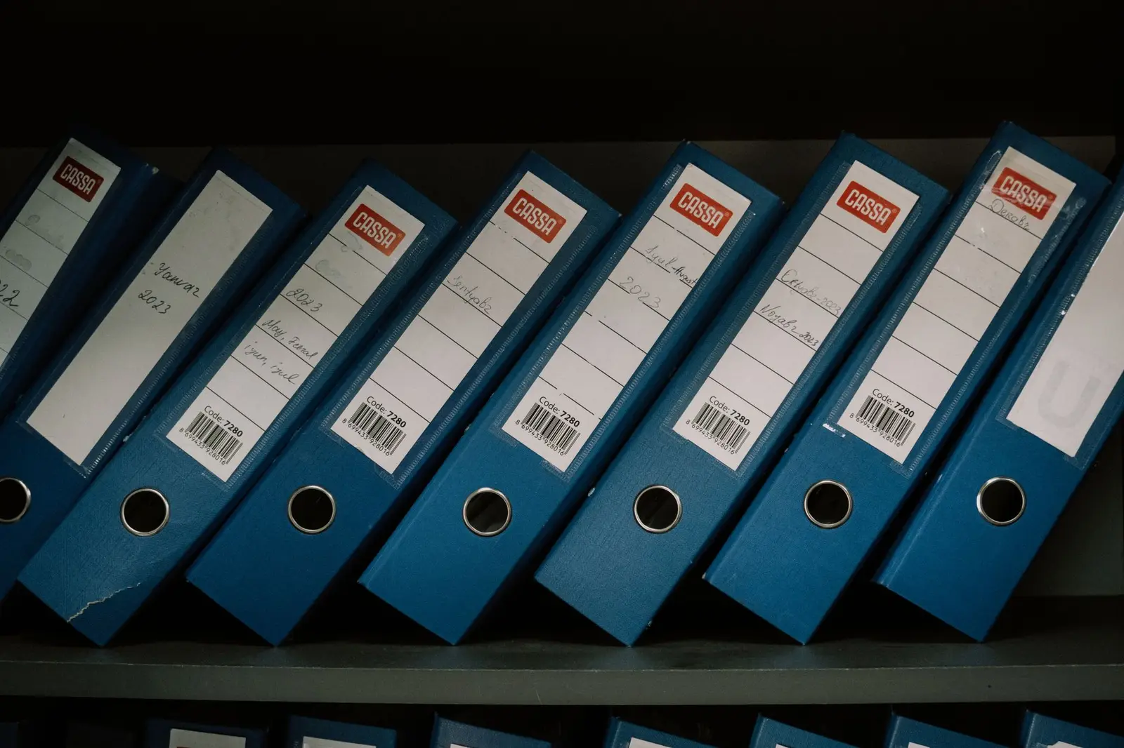Hilera de archivadores azules etiquetados a mano en el estante de una oficina